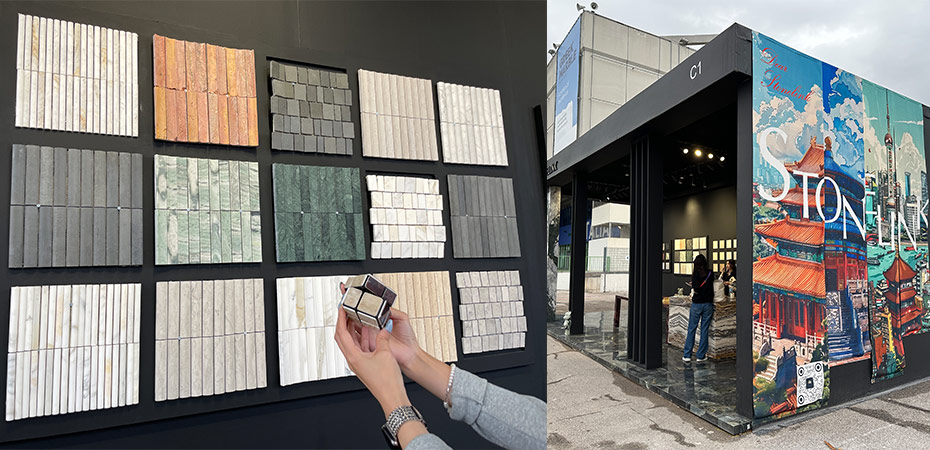 STONELINK booth check-in feature wall at Marmomac 2025