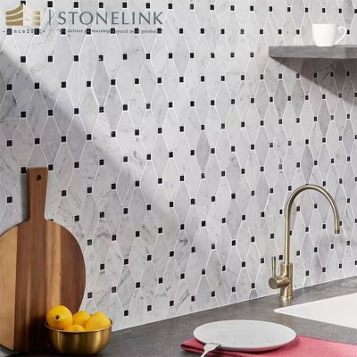 White Carrara and Black Marquina polished marble mosaic